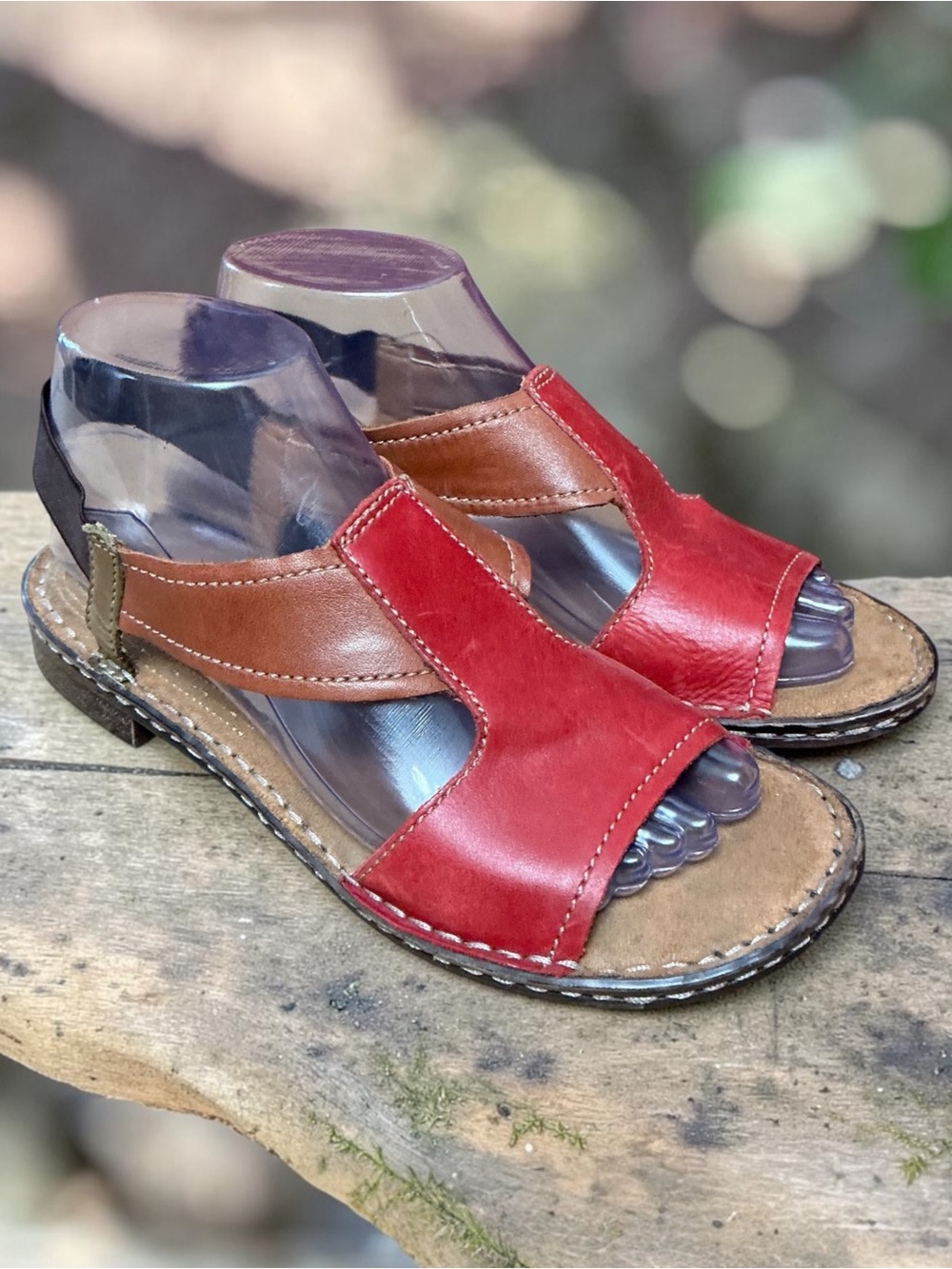 Naturalizer Red and Brown Leather Open-Toe Slide Sandals